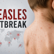 Child's back with red measles rash; bold 'MEASLES OUTBREAK' text and world map graphics in the background (informative banner).