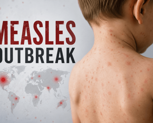 Child's back with red measles rash; bold 'MEASLES OUTBREAK' text and world map graphics in the background (informative banner).